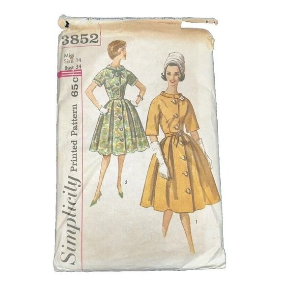 Pattern MCM Shirt Dress Button Down Collarless SIMPLICITY 3852 SIZE 14 Vtg 60s - Picture 1 of 2